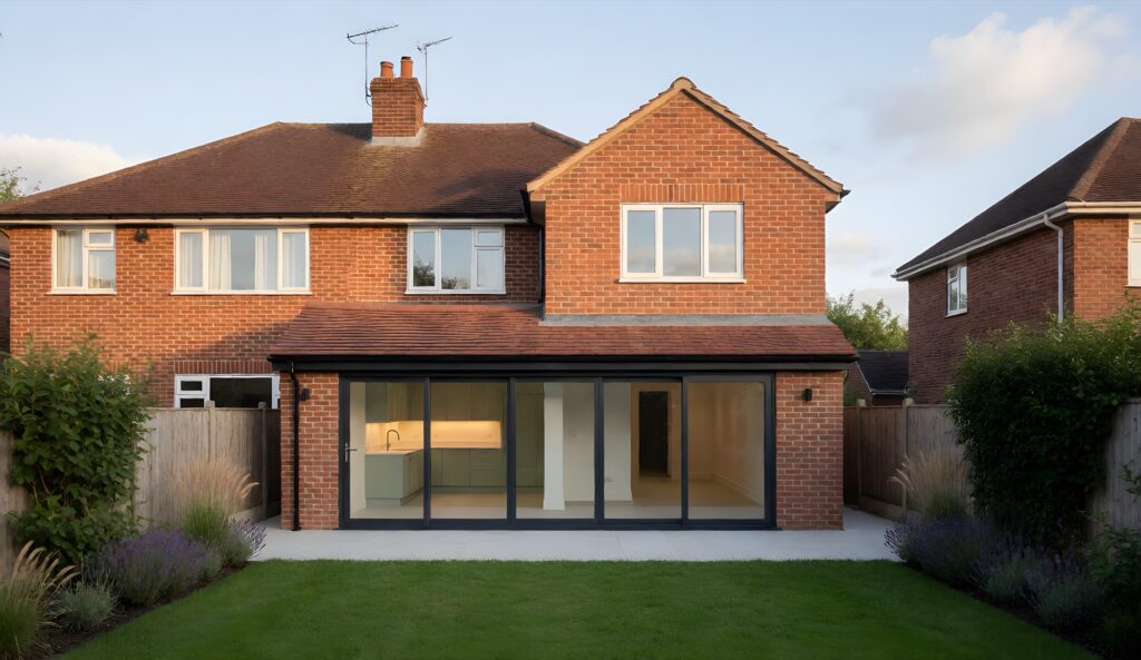 Double-storey rear extension on a red-brick 1930s semi, with a kitchen-diner opening onto the garden and a new bedroom above