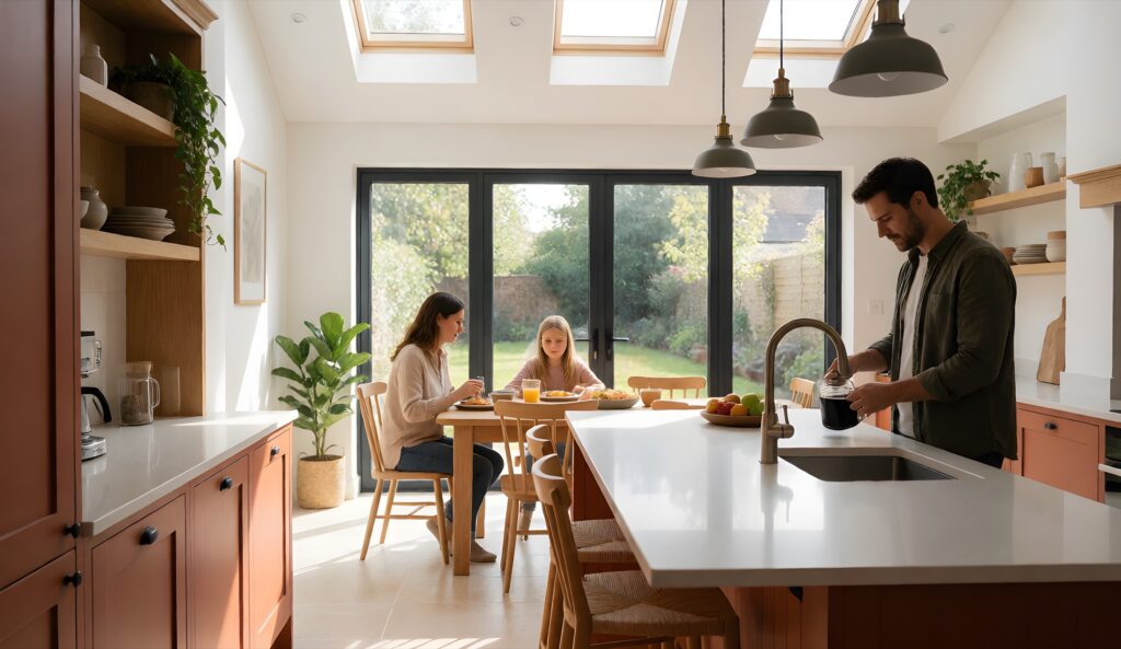 A family at breakfast in a bright open-plan kitchen-diner extension