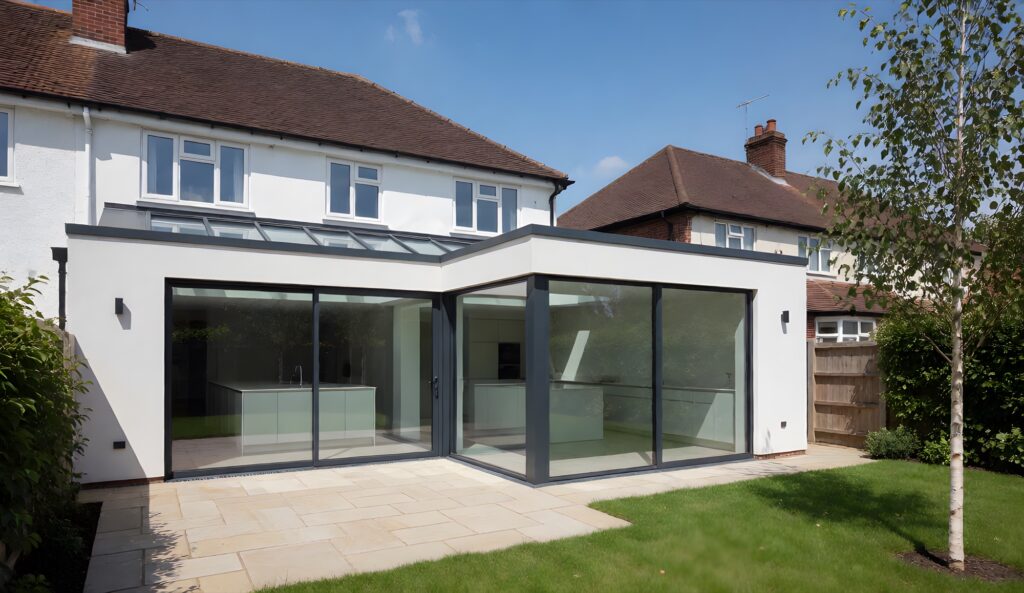Wrap-around kitchen extension with corner glazing on a rendered semi-detached house